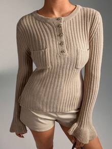SHEIN WOMEN'S WEAR Rib-Knit Long Sleeve Top Features A Round Neckline Front Button Placket Ruffle Cuffs Everyday Beige Autumn Casual Sexy Going Out - Beige - View 4