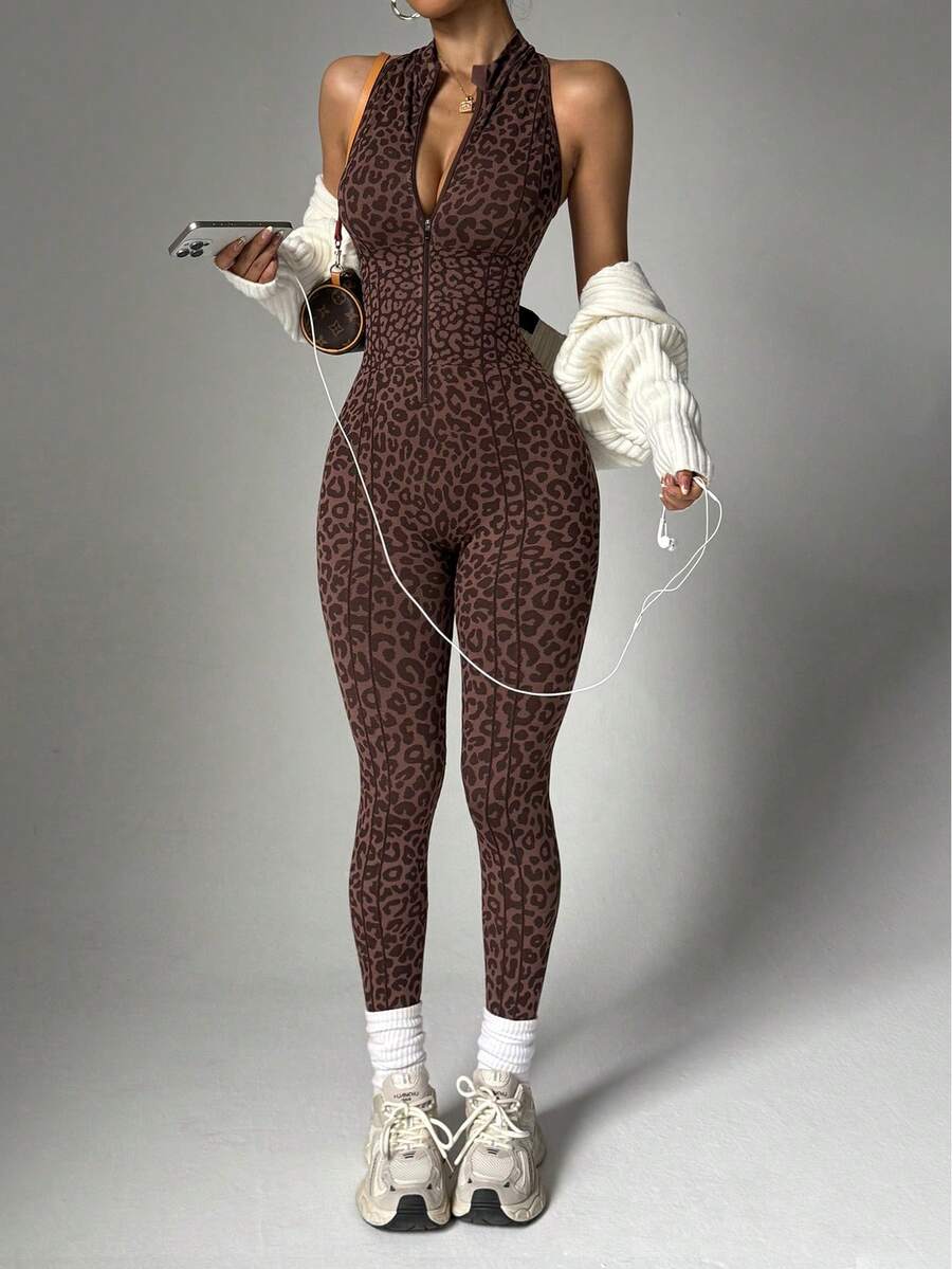 Slayform Slayform 1pc Women's Seamless Leopard Print Yoga Jumpsuit,Front Zipper Stand Collar Racerback Backless Brown Summer Gym Workout Activewear Bodycon Suit