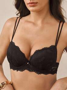 Hourtrue Lace Thick Cup Push Up Bra | Medium Support, Non Removable Padding, Underwire, Preppy Style - Black - View 4