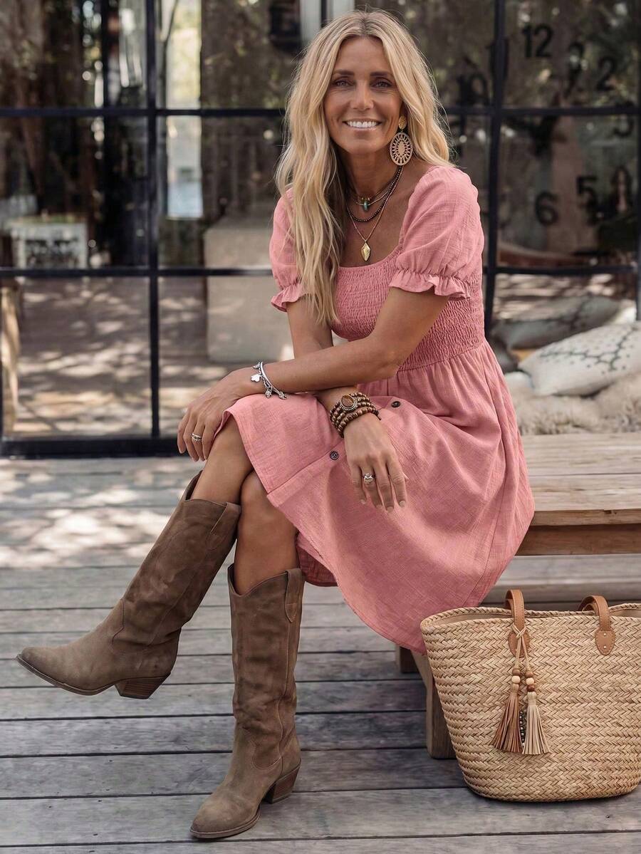 LanaWest Women's Denim Effect Puff Sleeve A-Line Dress - Pink - View 1