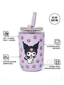 HELLO KITTY AND FRIENDS | SHEIN 300ml/10oz 不鏽鋼材質防漏蓋隨附吸管杯，適用熱飲與冷飲，適合大多數汽車杯架，送禮佳品 - 淡紫色 - 查看 3
