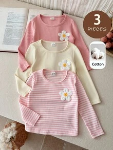 SHEIN 幼兒女童 3 件組柔軟羅紋長袖上衣，休閒基礎圓領上衣 - 彩色 - 查看 7