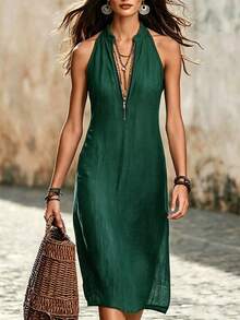 Balvessa Women's Solid Color Notched V-Neck Casual Daily Summer Mid-Length Dress - Dark Green - View 1