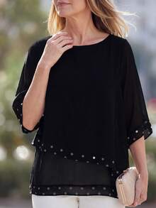 EMERY ROSE Casual Polka-Dot Print Crew-Neck Shirt For Middle-Aged And Older Women - Black - View 4