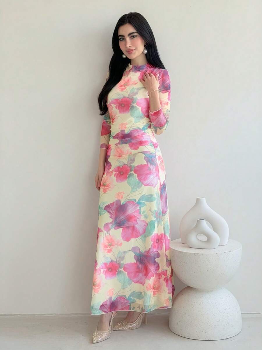 Yasmeen Edit Yasmeen Edit 新款花卉网眼印花派对长袖修身连衣裙，度假风格，秋冬