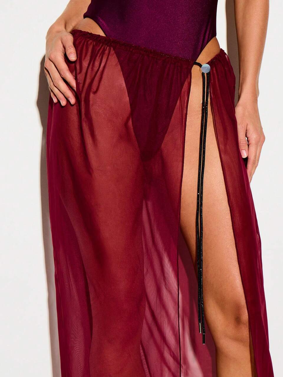 KIZN Sheer Maxi Skirt Cover-Up With Diamante Rope Tie