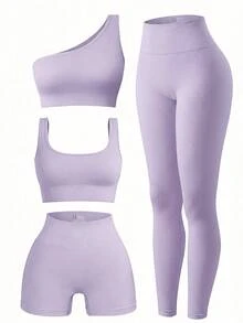 SHEIN Sports 女款純色背心式內衣、單肩內衣、底層短褲與緊身褲運動套裝 - 紫色 - 查看 3