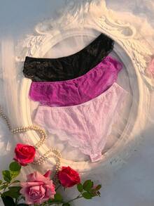Crystal Vow 3件組女款蕾絲拼接光滑三角內褲 - 彩色 - 查看 2