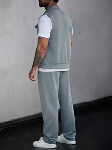 SLATEMANN Conjunto de chaqueta chaleco de utilidad con cremallera delantera y pantalones largos con cintura con cordón para hombre - Neblina azul - Ver 2