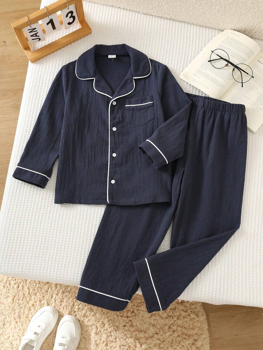 SHEIN 兒童小男孩休閒百搭寬鬆舒適開襟口袋翻領長袖長褲家居服套裝,適合居家與戶外穿著,四季皆宜 - 藏蓝色 - 查看 1