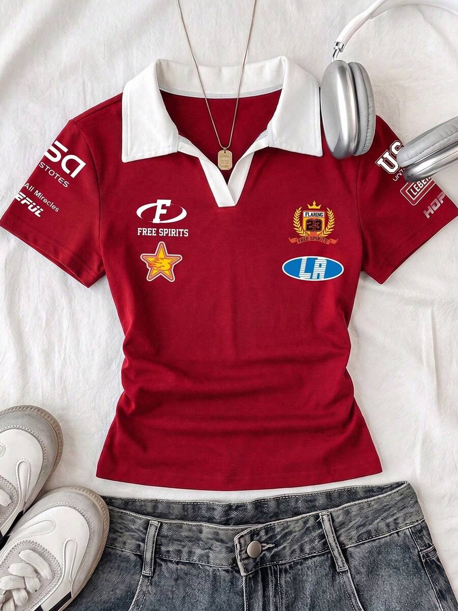 Attitoon 女款休閒復古 Polo 領修身 T-shirt,Y2K 風格,復古夏季服飾,街頭風,適合日常通勤、約會、派對、秋冬/夏季、婚禮、海灘、畢業典禮,優雅休閒,適合出遊、音樂節穿搭、度假服飾、賽車風 - 彩色 - 查看 1