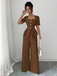 Elenzga 新款时尚法式女装春夏修身设计感 A 字型方领衬衫 + 阔腿直筒裤 2 件套 - 棕色 - 查看 7