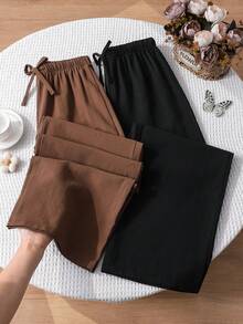 SHEIN 青少年女孩休閒百搭純色直筒長褲 - 咖啡棕 - 查看 3