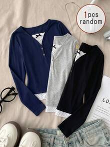 SHEIN Fashion Cute Casual Girl Polka Dot Print Patchwork Bow Decor Long Sleeve Top, Navy Blue, Spring Autumn Birthday Prom - Navy Blue - View 8