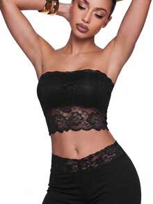 SHEIN ICON Sexy Lace Bandeau Top,Rave Top - Black - View 10