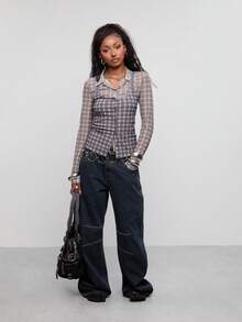 COUREZ Low Rise Mid Balloon Jeans With Seaming Details /Y2K Fall Outfits Autumn Fall Clothes Jeans For Women Baggy Jeans Pants For Women Wide Leg Pants Woman - Dark Wash - View 4