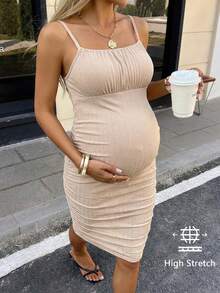 SHEIN 孕妇夏季休闲度假纯色褶皱修身吊带连衣裙 - 卡其色 - 查看 3