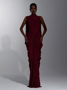 Elitara Elegant Queen Princess Stretch Fabric Round Neck Ruched Bodycon Back Slit Long Dress, Women's Party Wedding Guest Formal Evening Gown Burgundy Winter - Burgundy - View 5