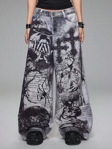 ROMWE Grunge Punk 暗黑朋克十字骷髅天使蜘蛛标语印花女式阔腿牛仔裤 - 藍色 - 查看 1