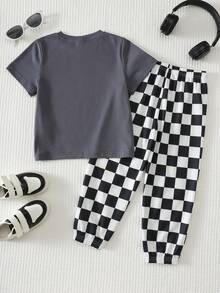 SHEIN Kids 2pcs/Set Young Boys Cute Summer Casual Vintage Distressed Car Graphic Loose Short Sleeve T-Shirt & Checkered Long Pants Racing Outfit Boys Set - Multicolor - View 2