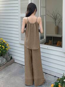 DAZY Women's Summer Casual Vacation Mocha Brown Two Pieces Sets Solid Color Front Short Back Long Jumpsuit With Wide Leg Pants Set Lounge Short Sets - Khaki - View 5