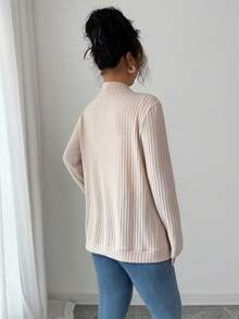 SHEIN PETITE 女款休閒羅紋刷毛開襟側口袋短版輕便外套，秋冬女裝，適合嬌小女性 - 杏色 - 查看 2