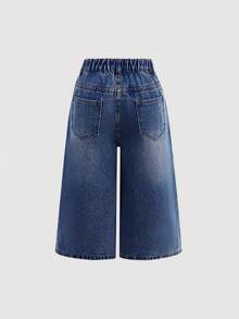 SHEIN Girlism Tween Girl Tween Girl Tween Girl Button Pocket Loose Fashion Versatile Denim Capris - Dark Wash - View 2