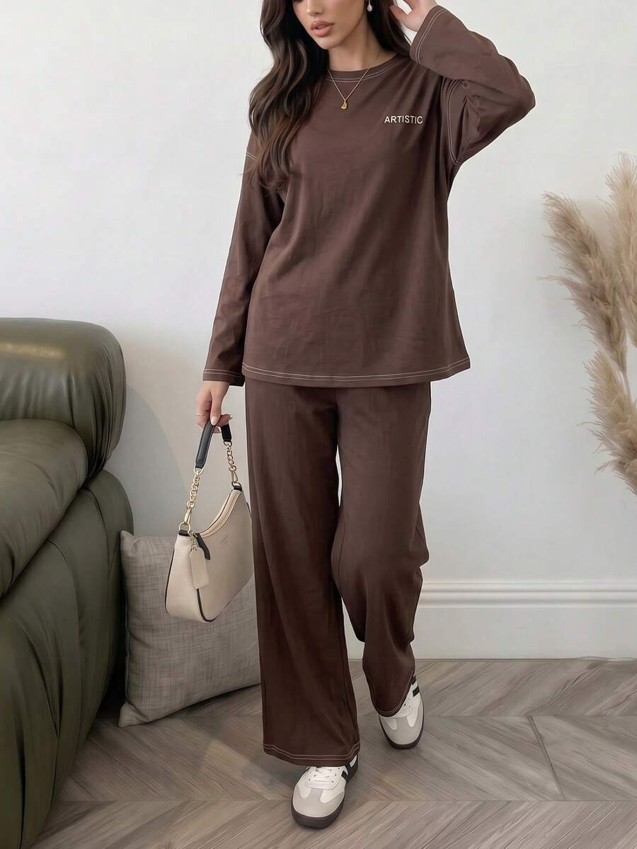 Solavon 女款字母印花長袖上衣與長褲休閒日常兩件套 - 棕色 - 查看 1