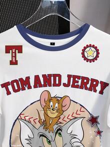 TOM & JERRY X SHEIN Kaos Wanita Kasual Musim Panas dengan Motif Kartun - Putih - View 3