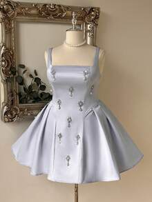 Lovelzi Plus Size Elegant Luxurious Light Sky Blue Satin Handmade Integrated Rhinestone Decor Wide Strap Back Tie Detail A-Line Ball Gown Formal - Baby Blue - View 6