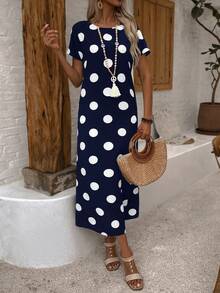 EMERY ROSE Vestido de mujer con mangas cortas y cuello redondo con estampado de lunares para el verano - Azul Marino - Ver 5