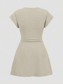 SHEIN BASICS Casual Solid Color Knit Crew Neck Short Sleeve Mini Dress For Women,Summer Dresses For Women - Light Grey - View 3