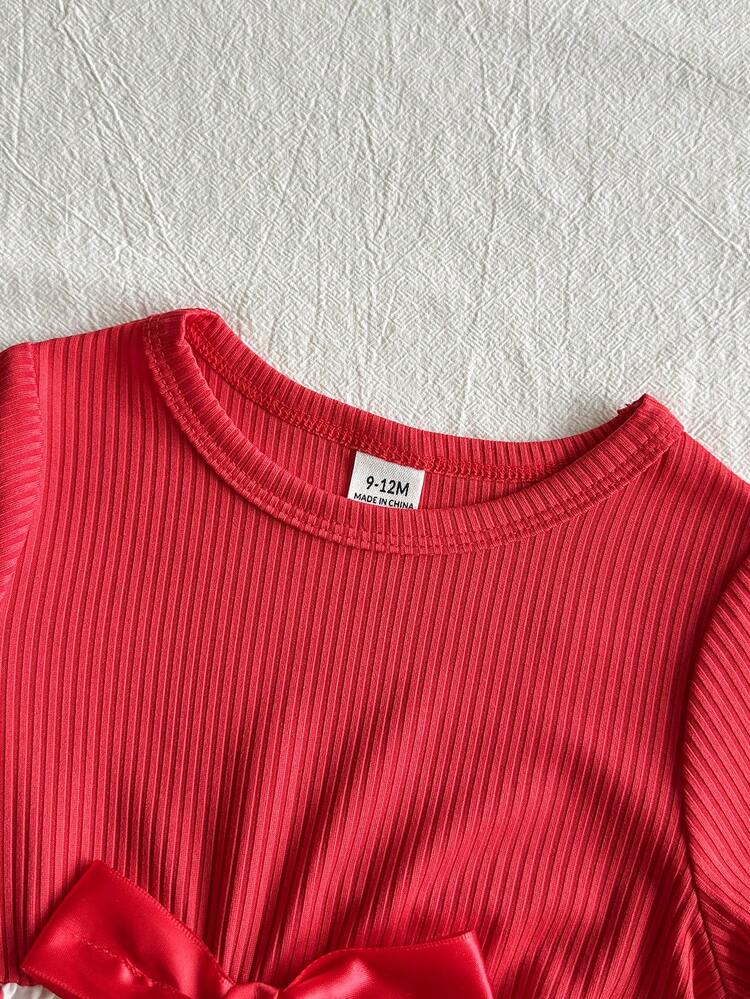 SHEIN Girls' Colorblock Long Sleeve Dress, Red Ribbed Knit Top, White Bottom With All-Over Cherry Print, Red Satin Bow, A-Line Skirt, Cute Birthday Autumn - Red and White - View 5