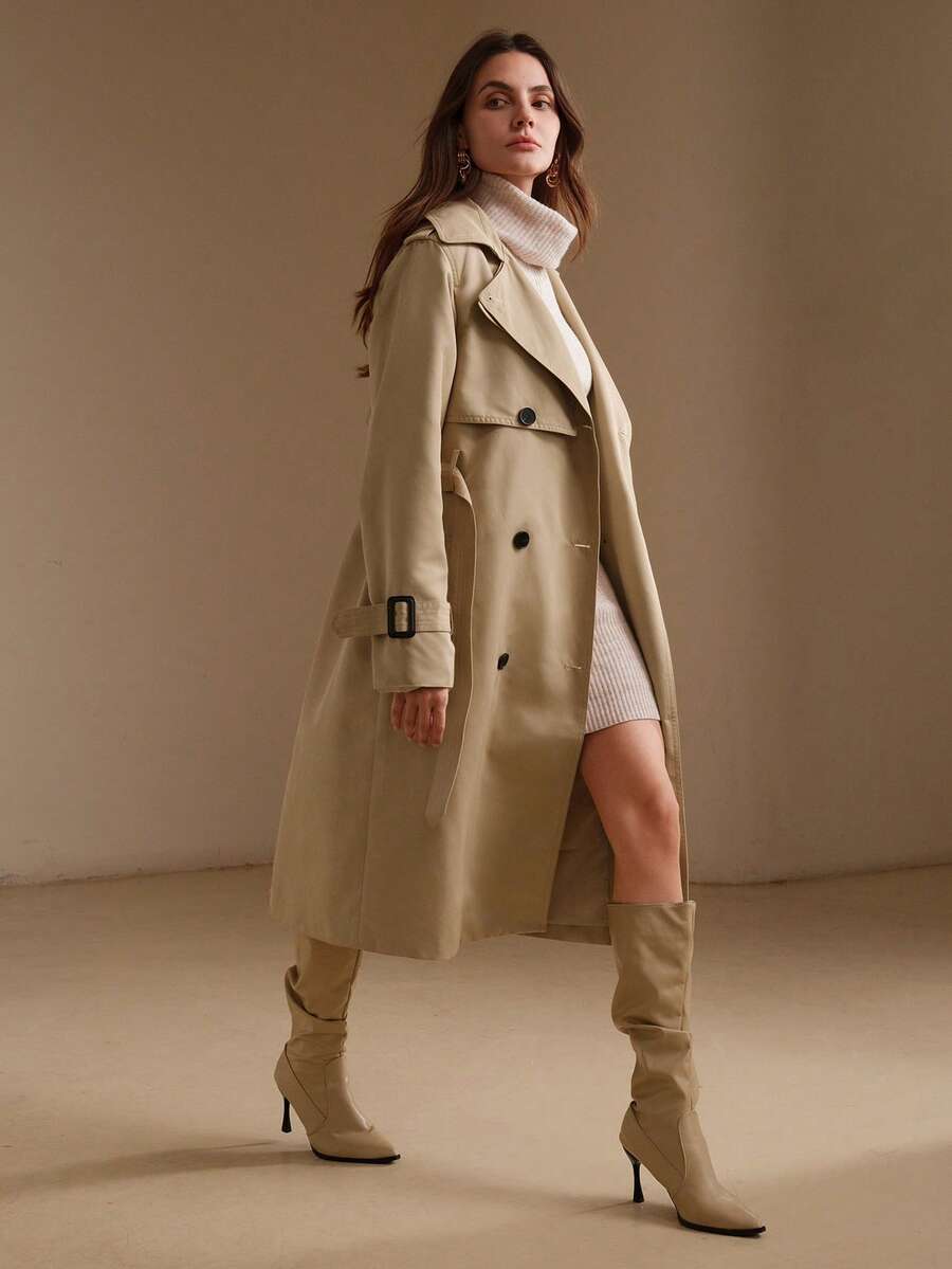 Anewsta British Style Waist-Cinching Tie-Front Slimming Trench Coat Jacket