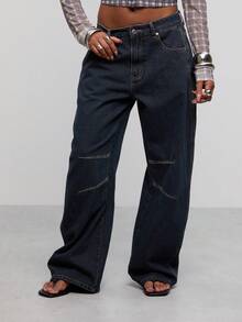 COUREZ Low Rise Mid Balloon Jeans With Seaming Details /Y2K Fall Outfits Autumn Fall Clothes Jeans For Women Baggy Jeans Pants For Women Wide Leg Pants Woman - Dark Wash - View 2