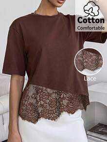 SHEIN Clasi Plus Size Women's Round Neck Lace Patchwork Casual Versatile Daily Wear T-Shirt - Brown - View 2