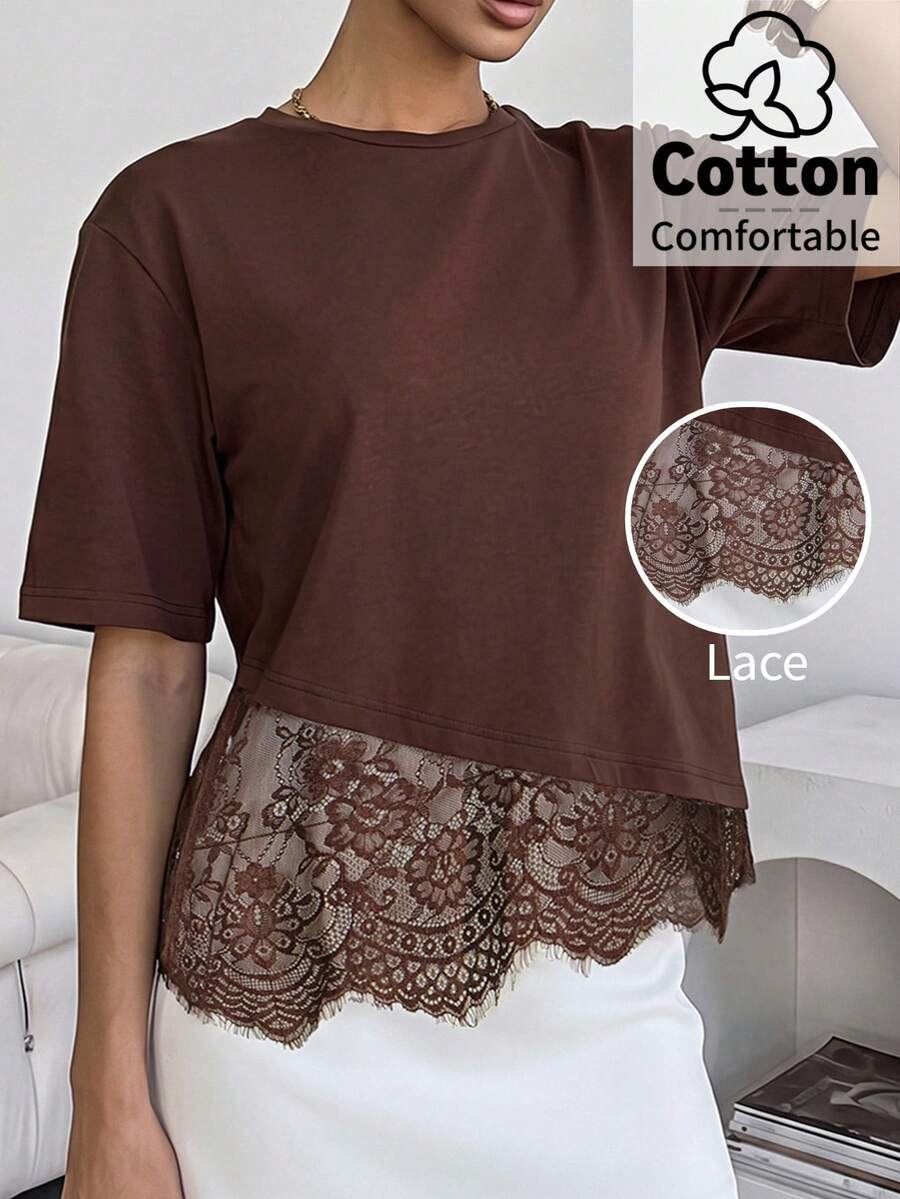 SHEIN Clasi Plus Size Women's Round Neck Lace Patchwork Casual Versatile Daily Wear T-Shirt