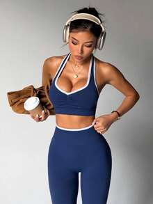 Gameset SHEIN Sport Women's Contrast Trim Backless Halter Top & Leggings Sports Set - Navy Blue - View 3