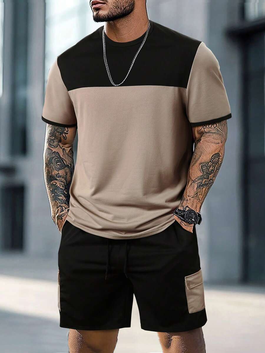 Manfinity Homme 男士撞色圆领短袖T恤搭配口袋短裤,休闲日常穿搭 - 彩色 - 查看 1