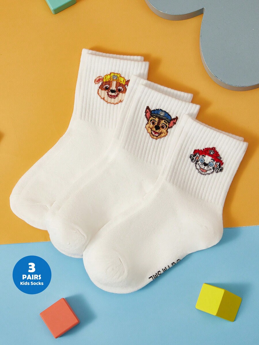 SHEIN | PAW Patrol 3雙棉製可愛卡通男孩透氣柔軟彈性短襪,加強腳趾與腳跟耐穿,適合學校與日常穿著,白色,四季通用 - 白色 - 查看 1