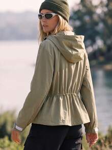 WanderVale Women's Letter Print Long Sleeve Drawstring Hooded Outdoor Rain Jacket - Olive Green - View 2