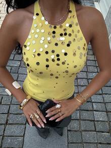 Siren Gaze Spaghetti Strap U-Shaped Backless Sequin Knit Top, Sequin Embroidered Camisole Top Night Party Yellow Autumn Sexy - Light Yellow - View 6
