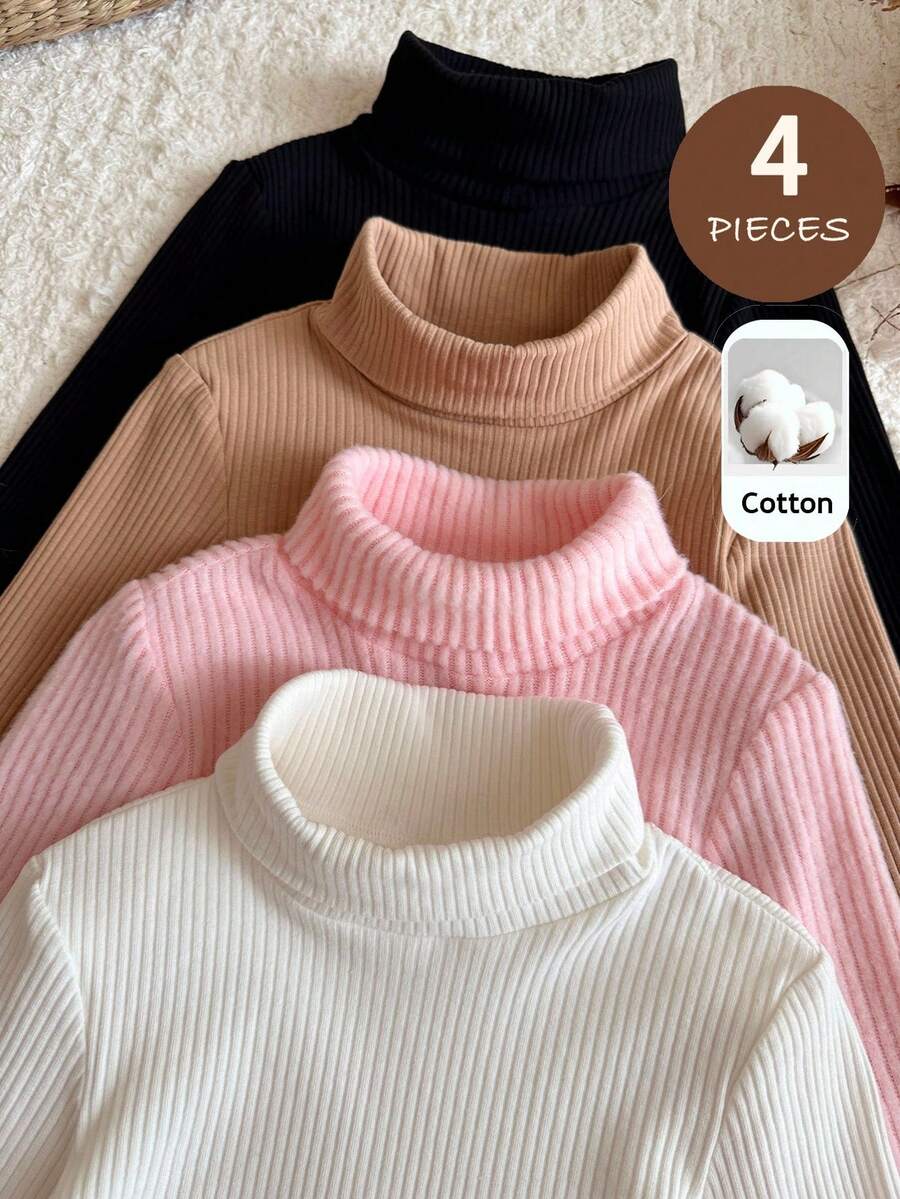 SHEIN مجموعة 4 قطع تي شيرت كاجوال بياقة واقفة بلون موحد منسوجة للفتيات الصغيرات - متعدد الألوان - مشاهدة 1