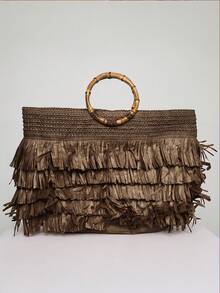 MUSERA Layered Straw Fringe Bamboo Top Handle Tote Beach Bag Spring Summer Beach Swim Festival Vacation Cute Daily - dark brown - View 6