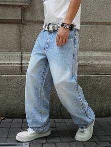 Manfinity EMRG Men's Dragon Print Straight Leg Jeans - Blue - View 3