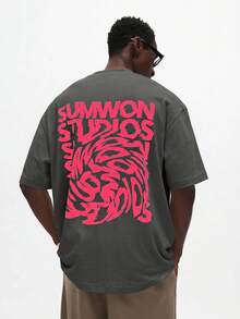 SUMWON Regular Studios Oversized Graphic Print Crew Neck Short Sleeve T-Shirt With Bold Back Logo Print - Dark Grey - View 4