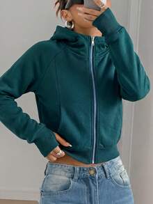 SHEIN EZwear 女款秋冬休閒短版運動衫 - 墨綠色 - 查看 4