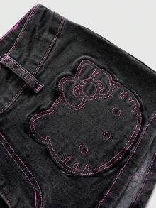 HELLO KITTY AND FRIENDS | ROMWE Kolaborasi Busana Musim Panas Gaya Y2K Hot Girl Celana Pendek Denim Mini Pinggang Sangat Rendah Kontras Hitam & Pink - Hitam - View 3
