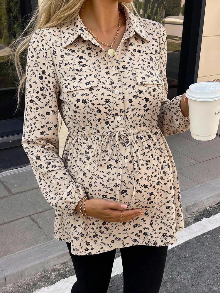SHEIN Camisa casual de uso diario con diseño de lazo en la cintura y estampado floral para maternidad - Albaricoque - Añade 1