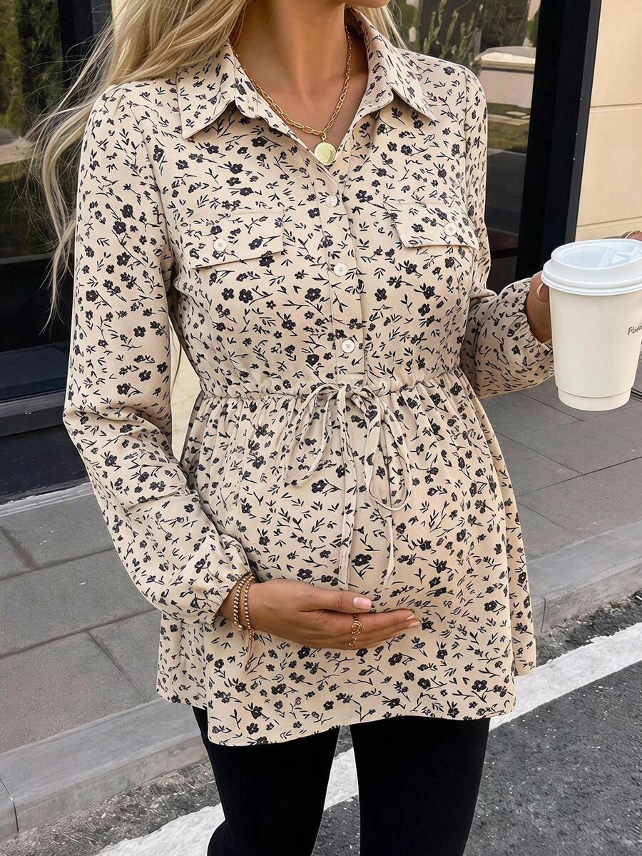 SHEIN 孕婦花卉印花腰部繫帶設計休閒日常襯衫 - 杏色 - 查看 1